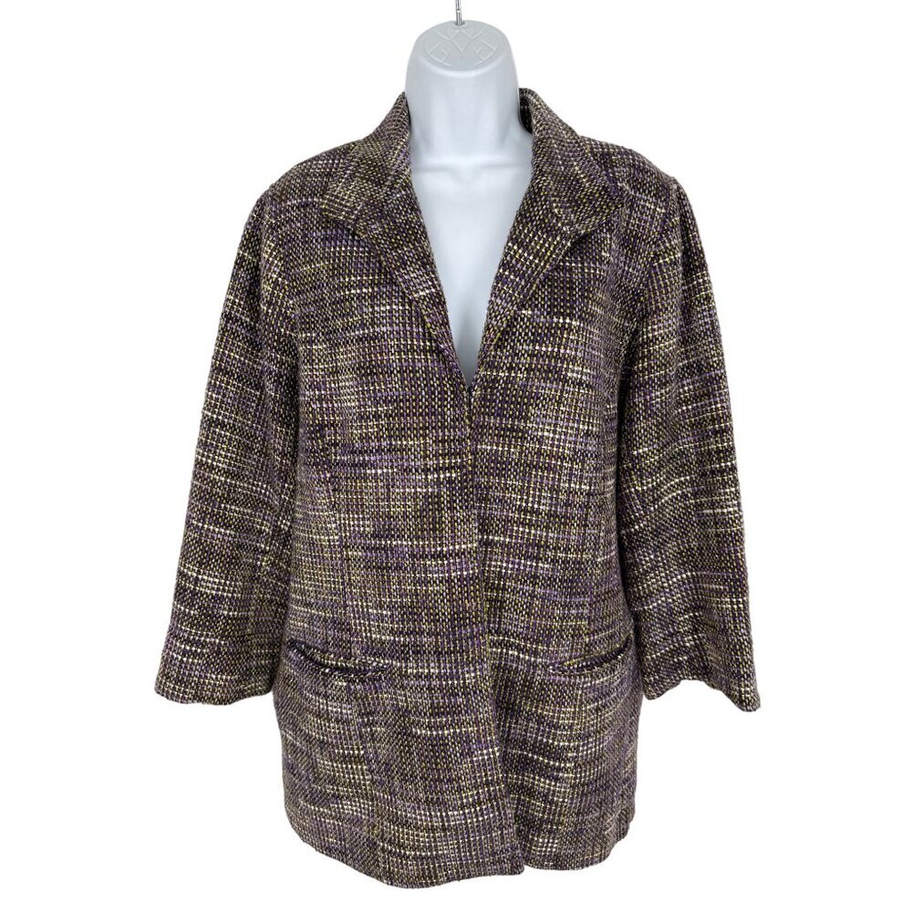 CHICOS Tweed Longline Plum/Green/Silver Metalic Blazer Size 2 US L